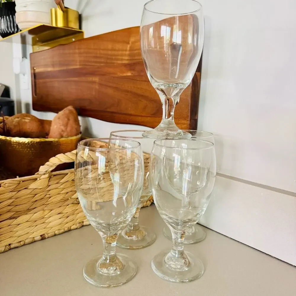 VINTAGE Clear Water Wine Heavy Thick Glass Goblet Stem Drink Ware Glasses Set 5